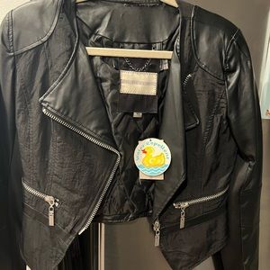 Raison D'etre | Blue Cropped Moto Jacket Black Faux Leather Zip Cuffs Small